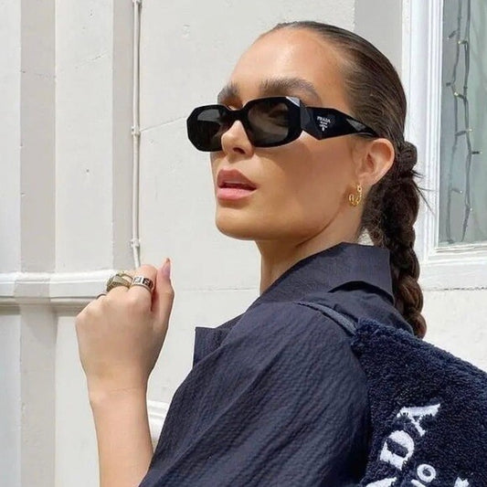 Prada PR 17WS 1AB5S0 Unisex Black Plastic Rectangle Sunglasses Grey Lens