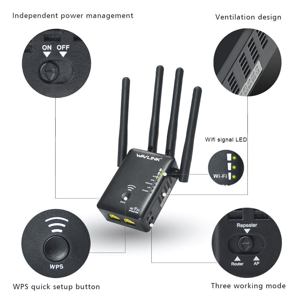 1200Mbps WiFi Range Extender Repeater Wireless Amplifier Router Signal Booster